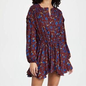 Free People Long Sleeve Floral Dress in Brown and Blue
